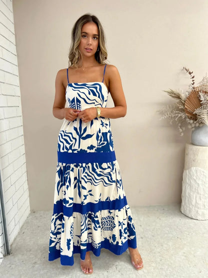 Vacation Dresses- Women Tropical Print Vacation Cami Maxi Dress- - IndioGear.com