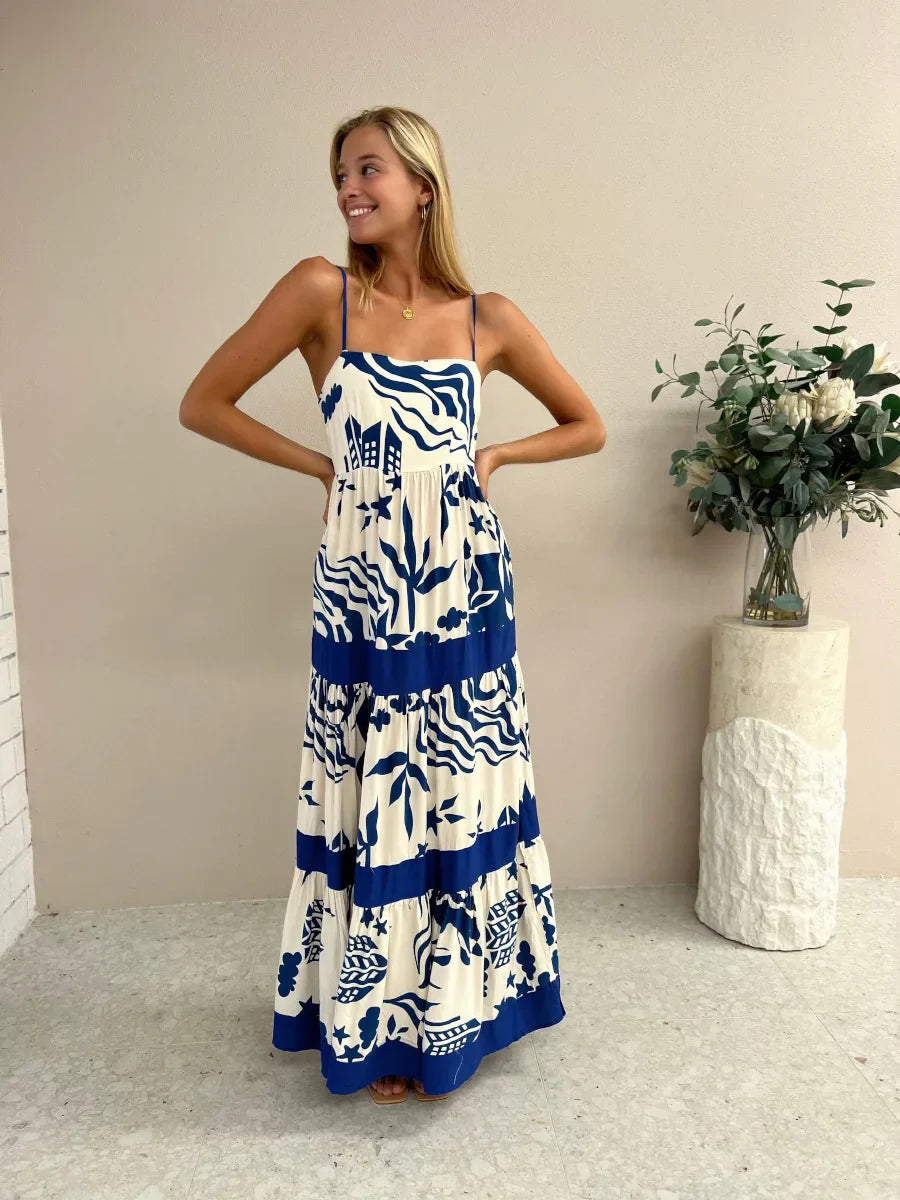 Vacation Dresses- Women Tropical Print Vacation Cami Maxi Dress- - IndioGear.com