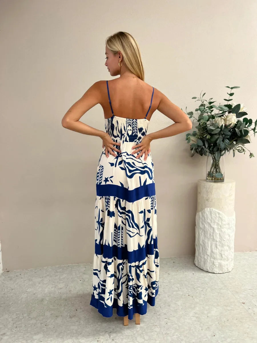 Vacation Dresses- Women Tropical Print Vacation Cami Maxi Dress- - IndioGear.com