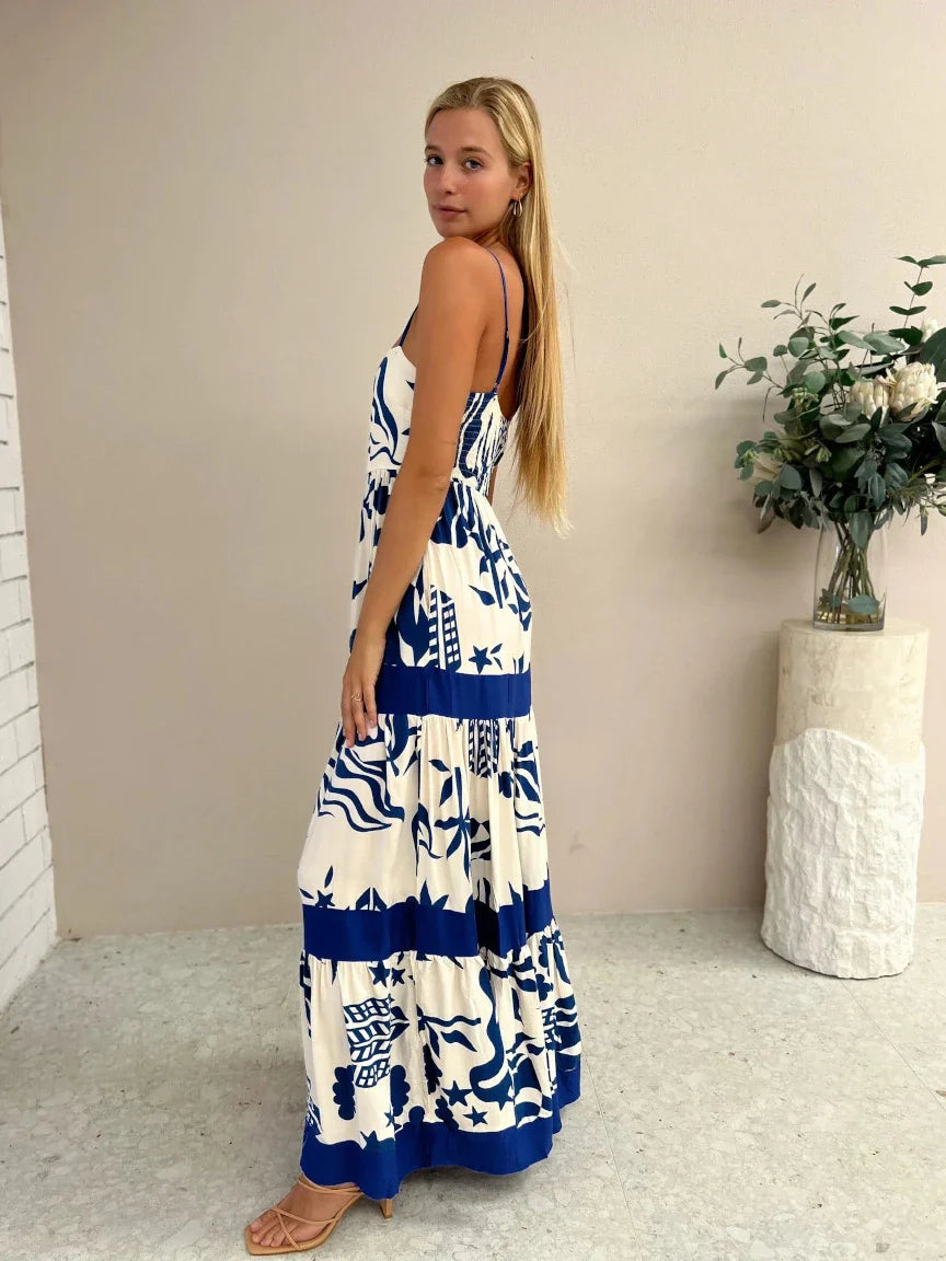 Vacation Dresses- Women Tropical Print Vacation Cami Maxi Dress- - IndioGear.com