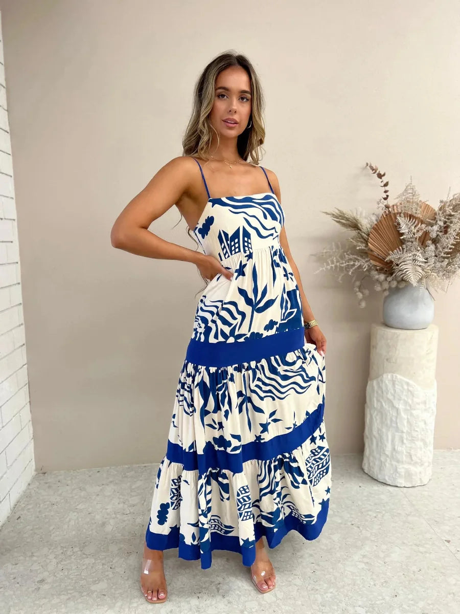 Vacation Dresses- Women Tropical Print Vacation Cami Maxi Dress- Blue- IndioGear.com