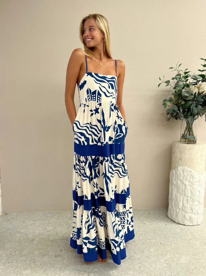 Vacation Dresses- Women Tropical Print Vacation Cami Maxi Dress- - IndioGear.com