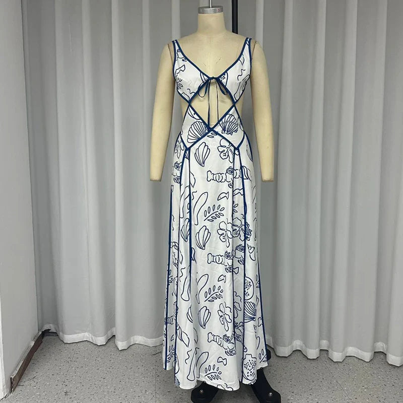 Vacation Dresses- Women's Blue Print Backless Maxi Dress for Summer- - IndioGear Fashion and Gear