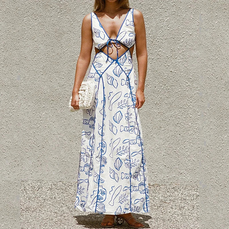 Vacation Dresses- Women's Blue Print Backless Maxi Dress for Summer- - IndioGear Fashion and Gear