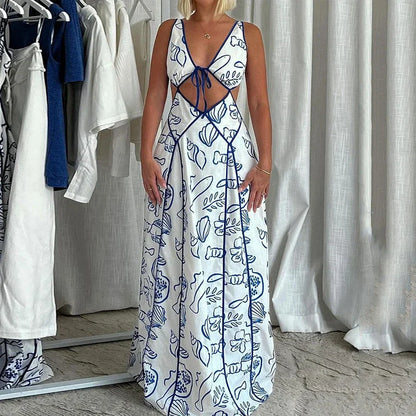 Vacation Dresses- Women's Blue Print Backless Maxi Dress for Summer- - IndioGear Fashion and Gear