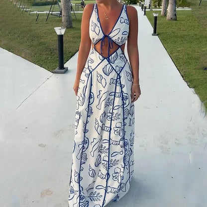 Vacation Dresses- Women's Blue Print Backless Maxi Dress for Summer- Blue- IndioGear Fashion and Gear