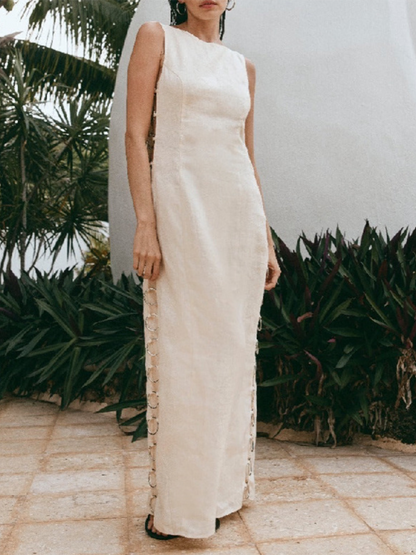 Vacation Dresses- Women's Vacation Cutout Rings Side Maxi Dress- Cream- IndioGear.com