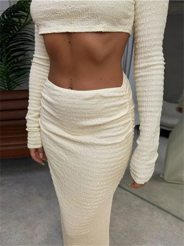 Vacation Outfit Set- Cream Textured Two-Piece Set - Cropped Top and Skirt- - IndioGear.com