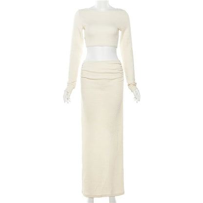 Vacation Outfit Set- Cream Textured Two-Piece Set - Cropped Top and Skirt- - IndioGear.com