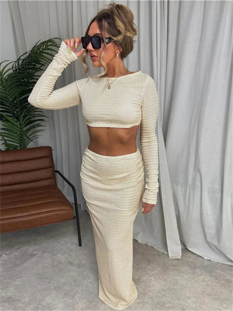 Vacation Outfit Set- Cream Textured Two-Piece Set - Cropped Top and Skirt- - IndioGear.com