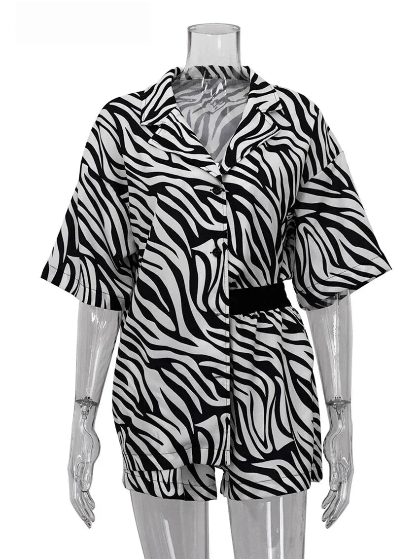 Vacation Outfit Set- Women's 2 Piece Zebra Print Shirt & Shorts in Hawaiian Style- - IndioGear Fashion and Gear