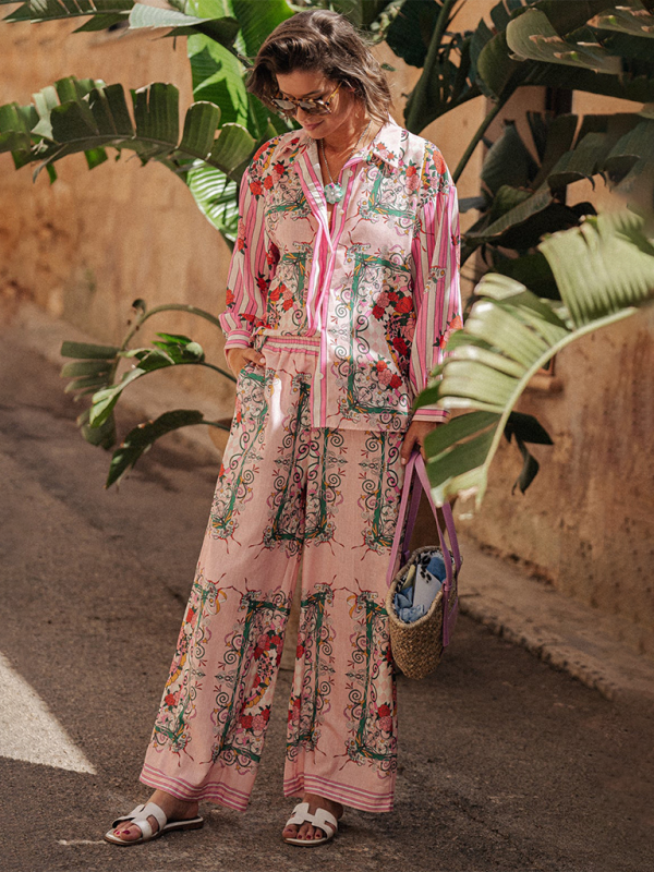 Vacation Outfits- Boho Floral Two-Piece Outfit - Long Sleeve Shirt & Pants- - IndioGear.com