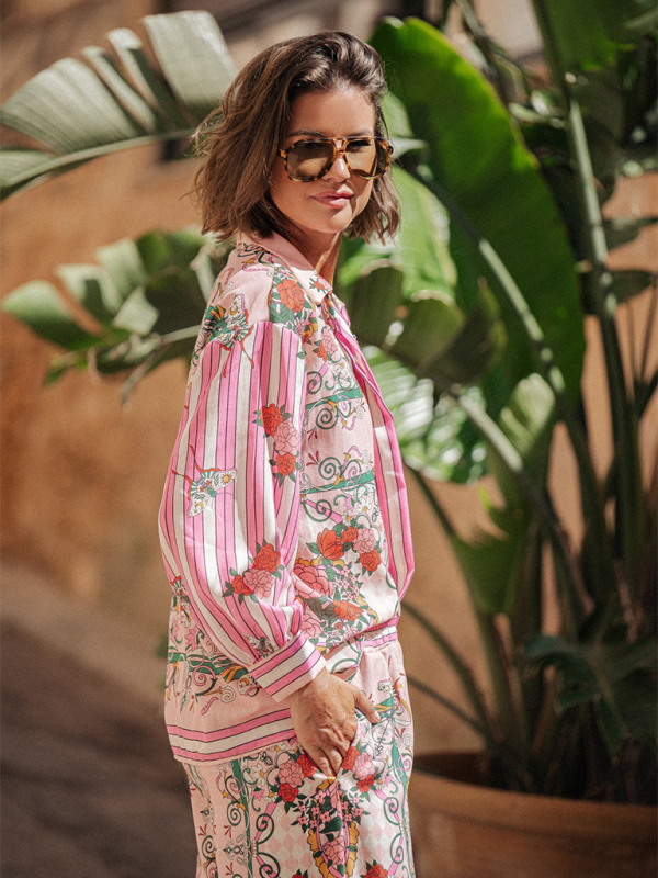 Vacation Outfits- Boho Floral Two-Piece Outfit - Long Sleeve Shirt & Pants- - IndioGear.com