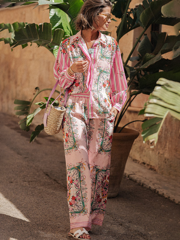 Vacation Outfits- Boho Floral Two-Piece Outfit - Long Sleeve Shirt & Pants- Pink- IndioGear.com