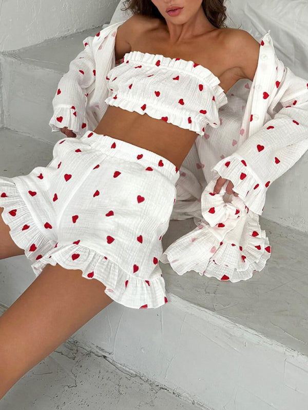 Love 3-teiliges Loungewear-Set aus Baumwollshorts, Tube-Top und Hemd für Damen