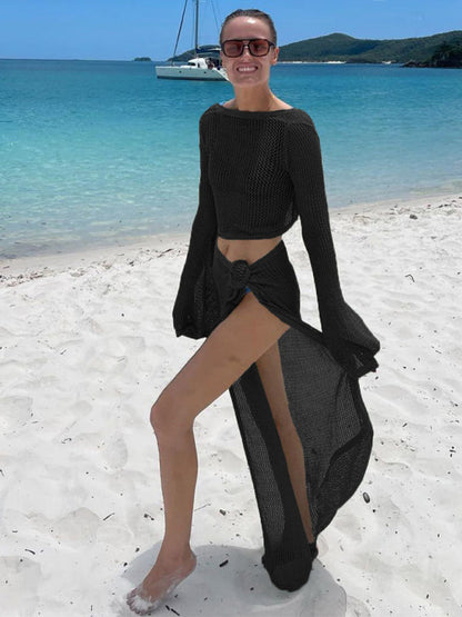 Vacation Sets- Mesh Beach Cover-Up for Vacation Skirt and Tie Top in Knit- Black- IndioGear Women Clothing