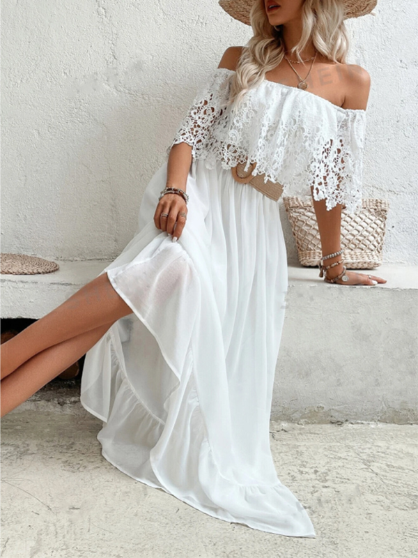 Vacay Dresses- Lace Panel Off-Shoulder Maxi Dress for Summer Beach Weddings- - Chuzko Women Clothing