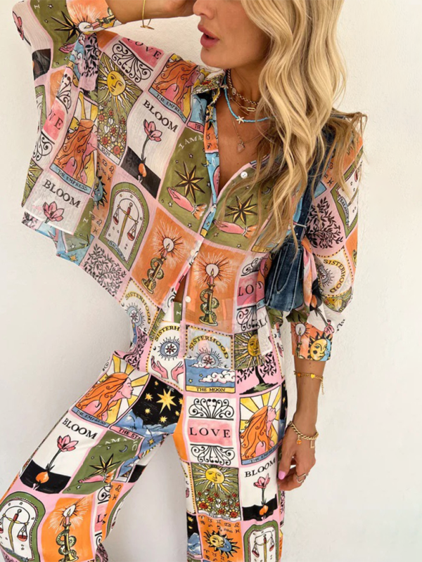 Art Print Shirt & Pants Set for Women's Summer Escape