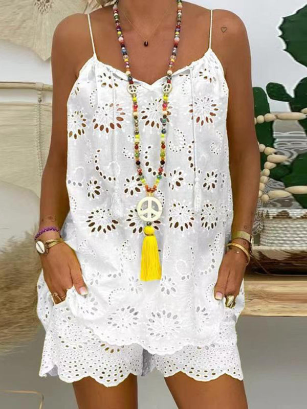 Vacay Outfits- Vacay Embroidered Shorts & Cami Top 2 Piece Set in Cotton Blend- White- IndioGear Fashion and Gear