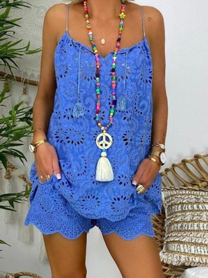 Vacay Outfits- Vacay Embroidered Shorts & Cami Top 2 Piece Set in Cotton Blend- Blue- IndioGear Fashion and Gear