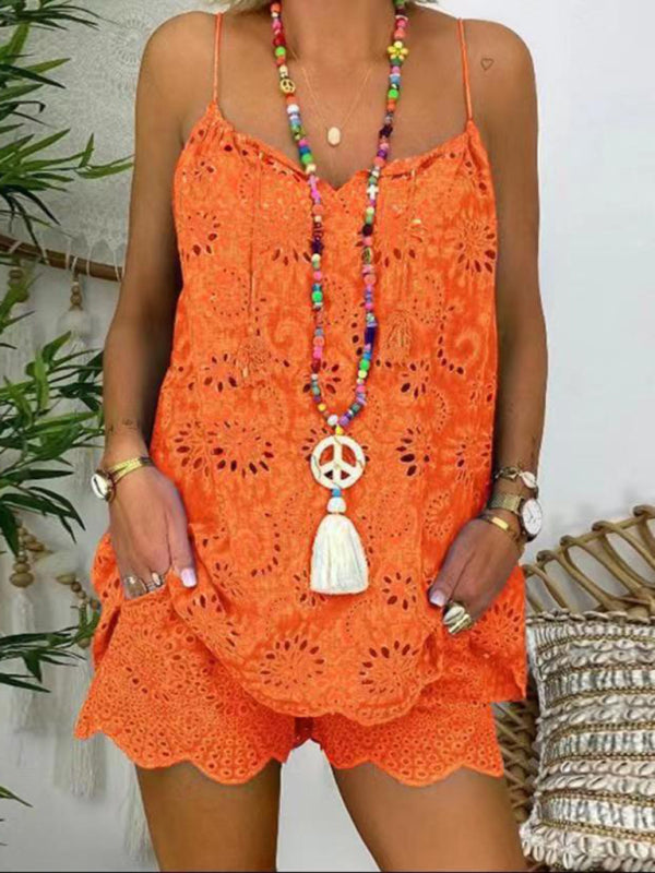 Vacay Outfits- Vacay Embroidered Shorts & Cami Top 2 Piece Set in Cotton Blend- Orange- IndioGear Fashion and Gear