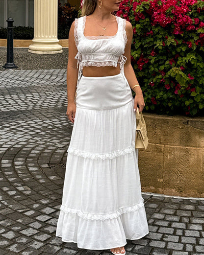 Vacay Outfits- Vacay Textured 2 Piece Outfit with Lace-Up Crop Top & Ruffle Maxi Skirt- White- IndioGear Fashion and Gear