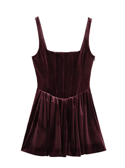 Velour Dresses- Velvet Flare Dress in Elegant Drop-Waist- Fuchsia- IndioGear Women Clothing