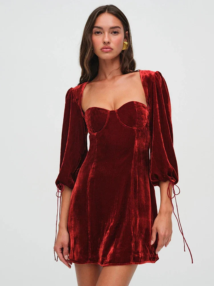 Velvet Dresses- Backless Velvet Velour Bustier Holiday Dress- Burgundy- IndioGear Women Clothing