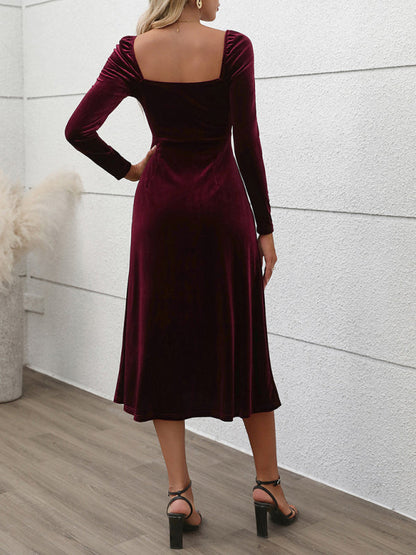 Velvet Dresses- Classic Hollywood Elegant Burgundy Midi Dress- - IndioGear Women Clothing