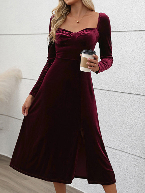 Velvet Dresses- Classic Hollywood Elegant Burgundy Midi Dress- - IndioGear Women Clothing