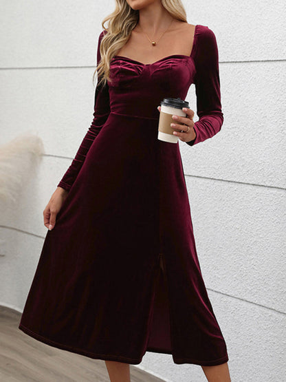 Velvet Dresses- Classic Hollywood Elegant Burgundy Midi Dress- - IndioGear Women Clothing