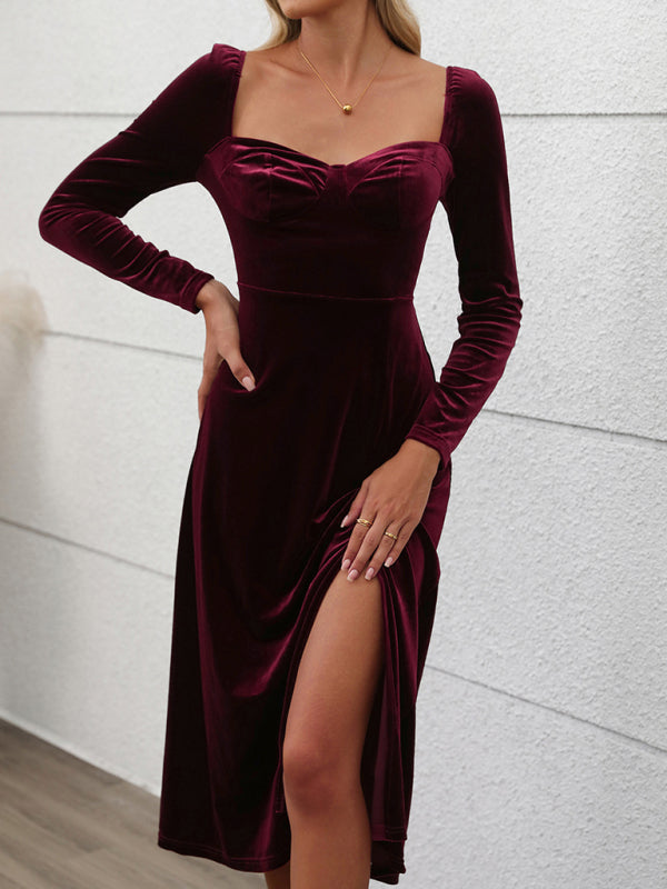 Velvet Dresses- Classic Hollywood Elegant Burgundy Midi Dress- - IndioGear Women Clothing