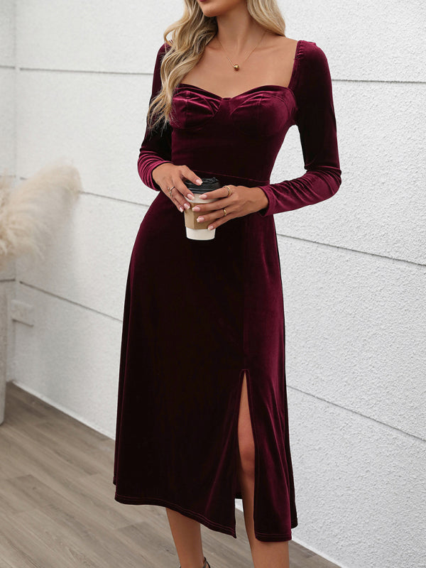 Velvet Dresses- Classic Hollywood Elegant Burgundy Midi Dress- - IndioGear Women Clothing