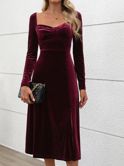 Velvet Dresses- Classic Hollywood Elegant Burgundy Midi Dress- - IndioGear Women Clothing