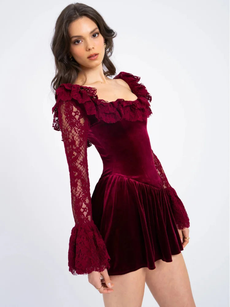 Velvet Dresses- Flare & Lace Vintage Velvet Ruffle Dress- - IndioGear Women Clothing