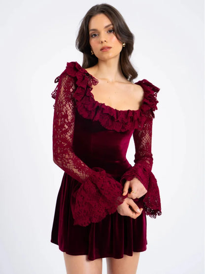 Velvet Dresses- Flare & Lace Vintage Velvet Ruffle Dress- - IndioGear Women Clothing