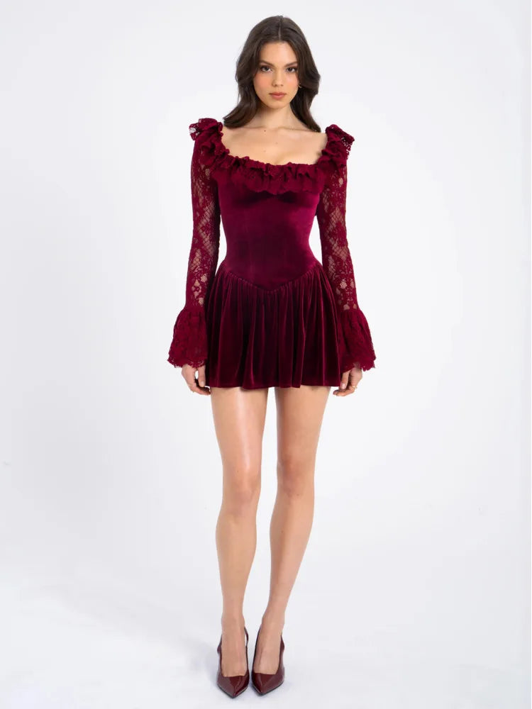 Velvet Dresses- Flare & Lace Vintage Velvet Ruffle Dress- - IndioGear Women Clothing