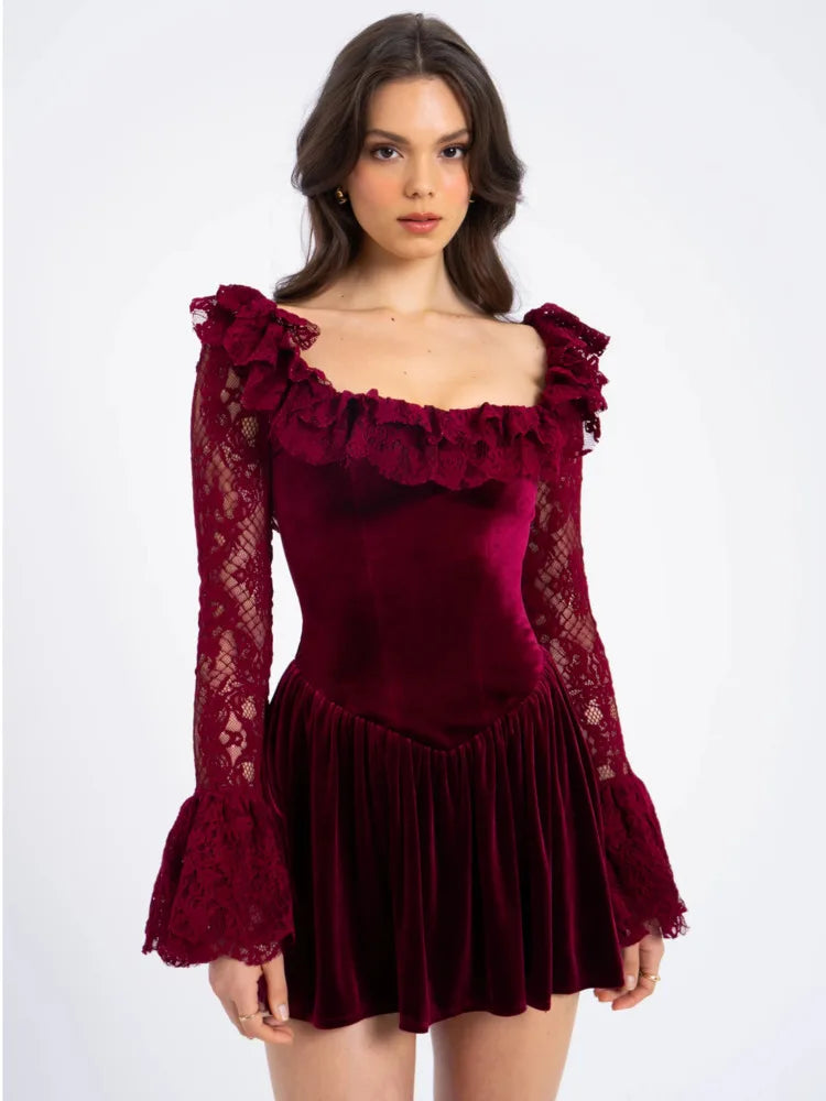 Velvet Dresses- Flare & Lace Vintage Velvet Ruffle Dress- Burgundy- IndioGear Women Clothing