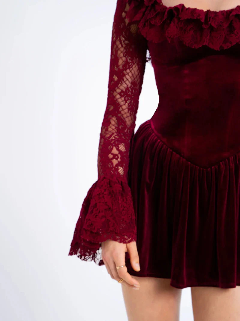 Velvet Dresses- Flare & Lace Vintage Velvet Ruffle Dress- - IndioGear Women Clothing