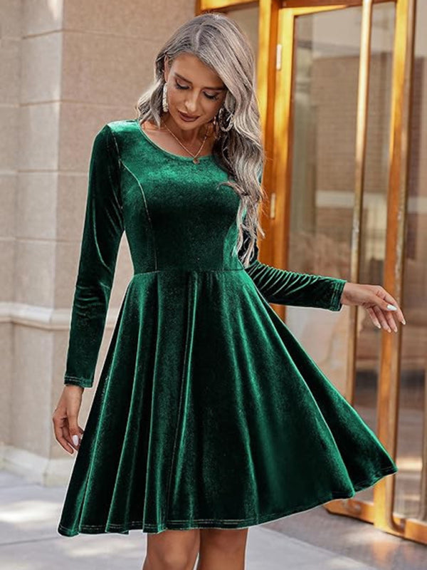 Velvet Dresses- Holiday Velour Burgundy Velvet Flare Dress- Green- IndioGear Women Clothing