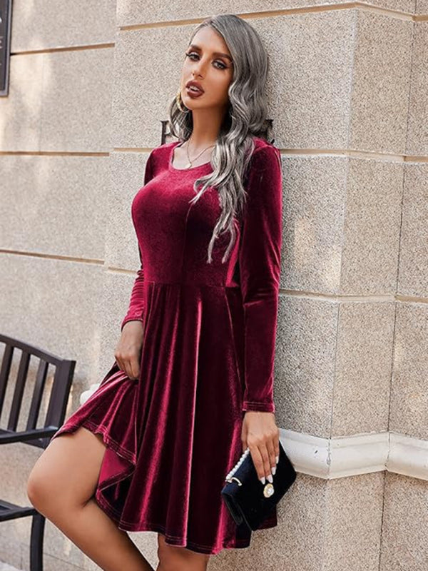 Velvet Dresses- Holiday Velour Burgundy Velvet Flare Dress- - IndioGear Women Clothing