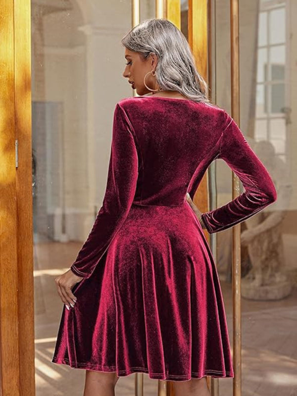 Velvet Dresses- Holiday Velour Burgundy Velvet Flare Dress- - IndioGear Women Clothing