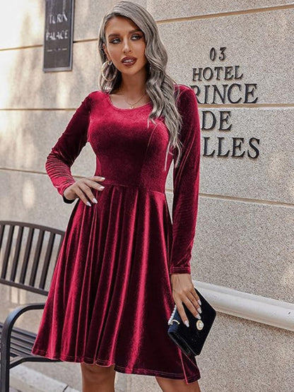 Velvet Dresses- Holiday Velour Burgundy Velvet Flare Dress- Wine Red- IndioGear Women Clothing