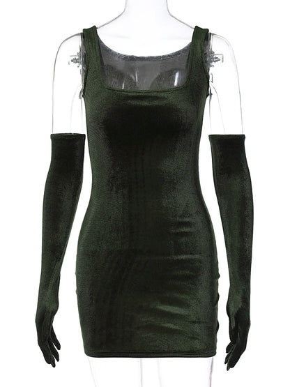 Velvet Dresses- Minimalist Velvet Dress with Sleek Gloves- - IndioGear