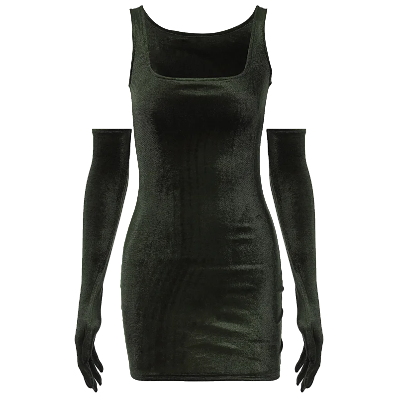 Velvet Dresses- Minimalist Velvet Dress with Sleek Gloves- - IndioGear