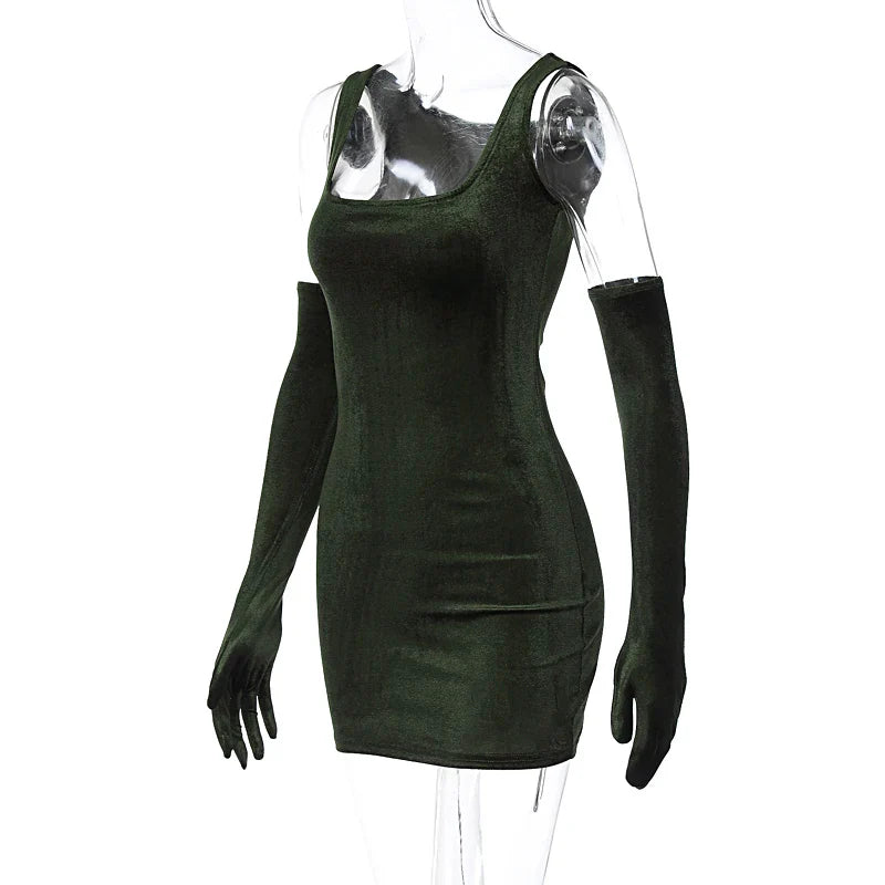 Velvet Dresses- Minimalist Velvet Dress with Sleek Gloves- - IndioGear