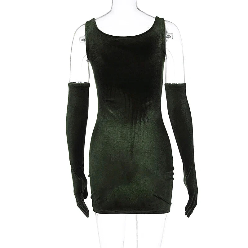 Velvet Dresses- Minimalist Velvet Dress with Sleek Gloves- - IndioGear