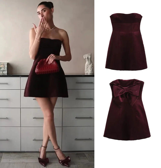 Velvet Dresses- Velvet Bow-Back Dress Elegant Strapless Mini- - IndioGear Women Clothing