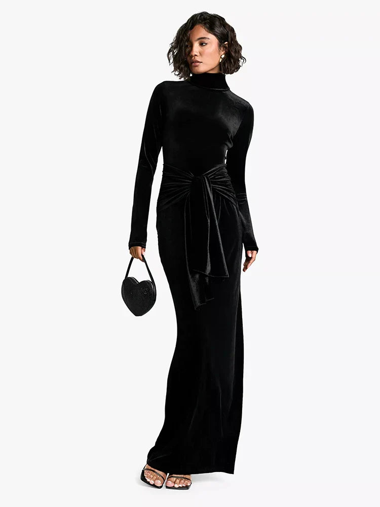 Velvet Dresses- Velvet Elegance Long Winter Dress Velour Evening Gown- black- IndioGear Women Clothing