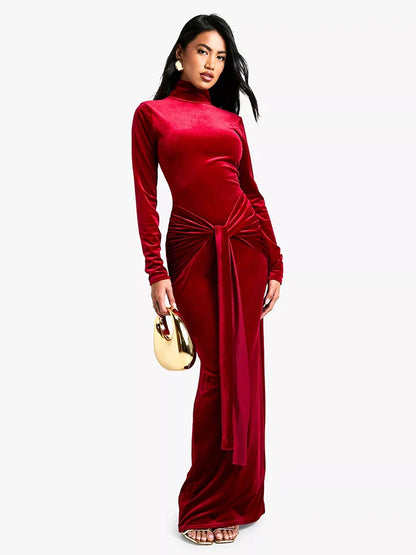 Velvet Dresses- Velvet Elegance Long Winter Dress Velour Evening Gown- Burgundy- IndioGear Women Clothing